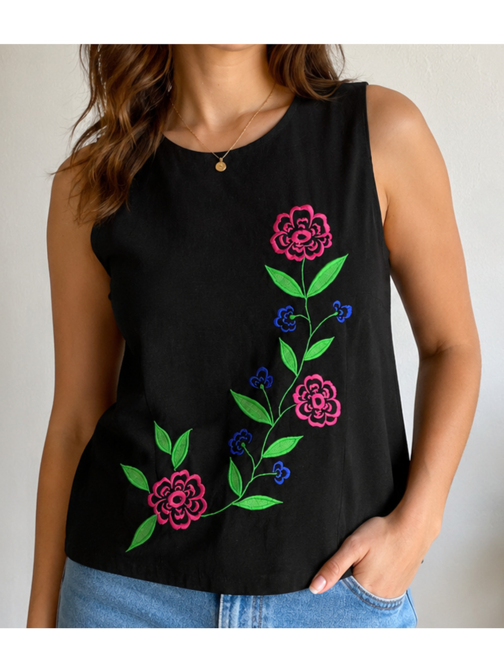 MHM Melissa Harper Womens 14 Black Linen Blend Embroidered Sleeveless Top Resort